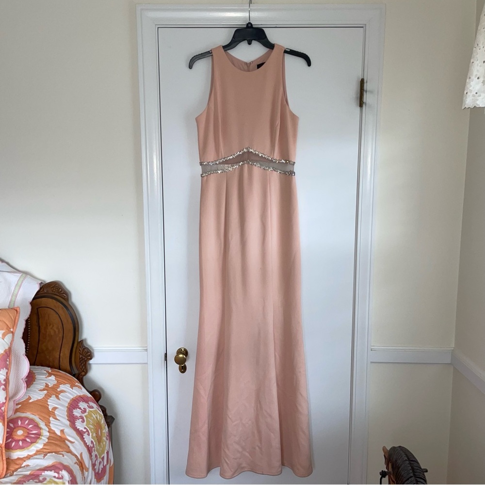 Aqua floor length dress in peach with mesh midsection and rhinestone detail